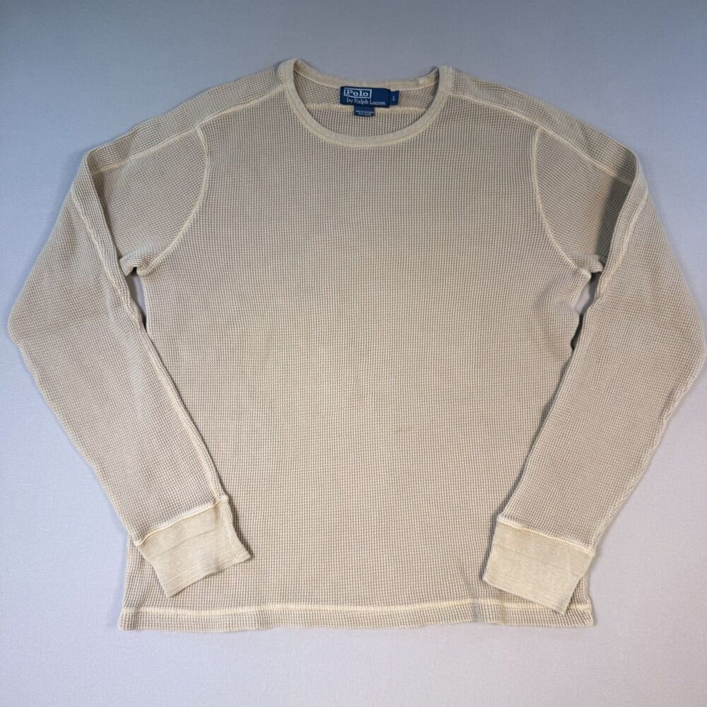 Vintage Y2K Polo Ralph Lauren Thermal Shirt Mens L Tan Waffle Knit Cotton